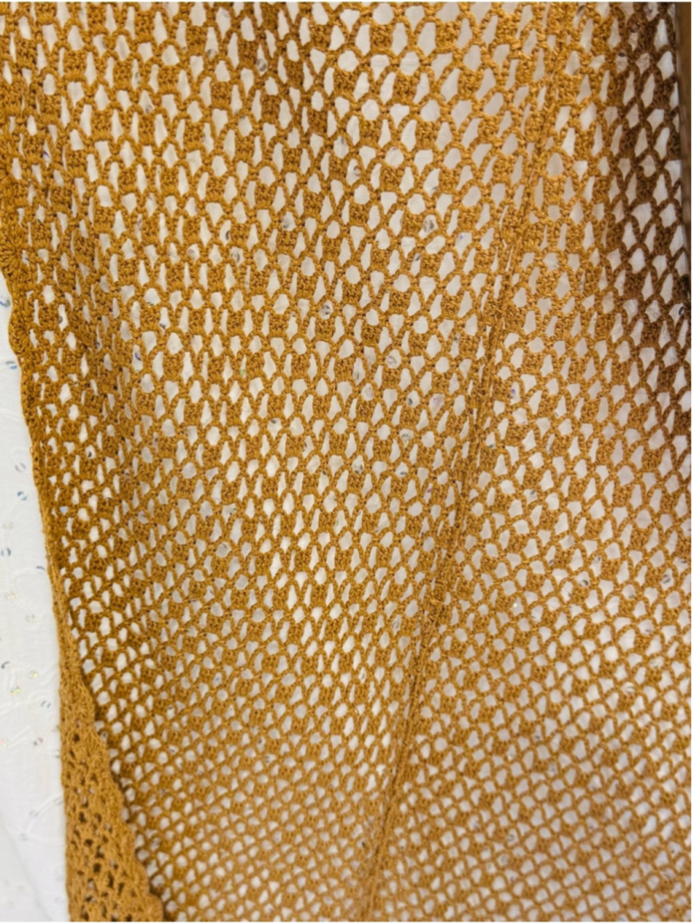 Boutique XXI Caramel Tan Crochet Maxi Duster Vest Boho Open Knit L - Picture 3 of 6